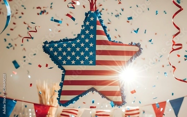 Fototapeta Dynamic patriotism illustration with mesmerizing fireworks, festive bunting, refined red white blue color layering, and clean typography on a deep backdrop for fourth of july promotions