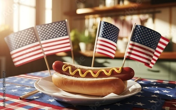Fototapeta Patriotic hot dog topped with mustard and ketchup placed on american flag napkin with usa flags and warm decorative lights for fourth of july event, summer party menu, or independence day poster