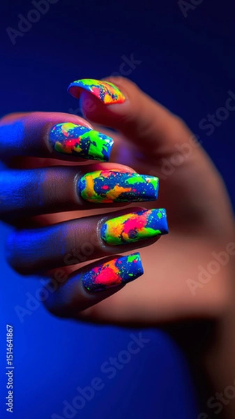 Fototapeta Neon almond nails bursting with abstract color on a cheerful female hand
