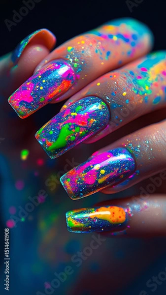 Fototapeta Neon almond nails bursting with abstract color on a cheerful female hand