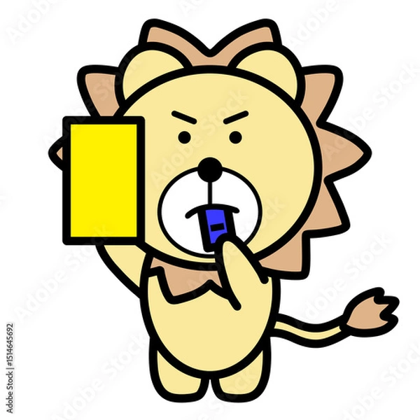 Obraz 真剣な表情のライオンキャラクターがイエローカードを掲げるイラスト／注意・警告・スポーツ審判シーンに使える素材