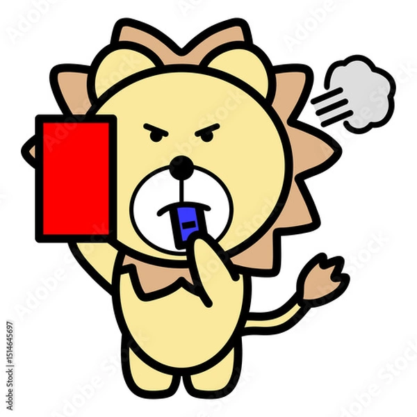 Obraz 怒った表情のライオンキャラクターがレッドカードを掲げるイラスト／退場・反則・スポーツ審判シーンに使える素材