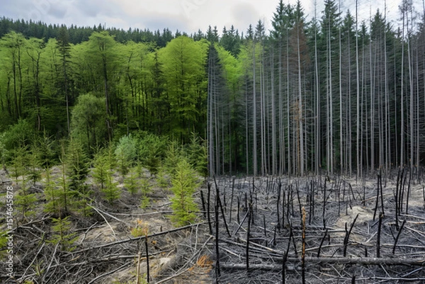 Fototapeta landscape with dead forest beneath young forest showing before and after fire, green trees against burnt wood on the other side, photorealistic, OeBV