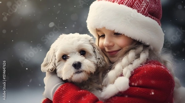 Obraz Happy child hugging a cute puppy in the snow at Christmas