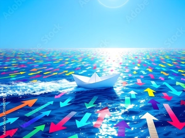 Fototapeta A paper boat navigating through a sea of arrows