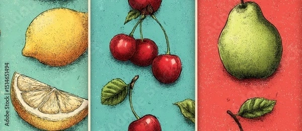 Fototapeta Vintage Illustration of Fruit Variety on Colorful Backgrounds Featuring Cherry Pear Lemon