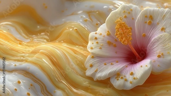 Fototapeta Beautiful Pink and White Flower on Abstract Marbled Yellow and Cream Background