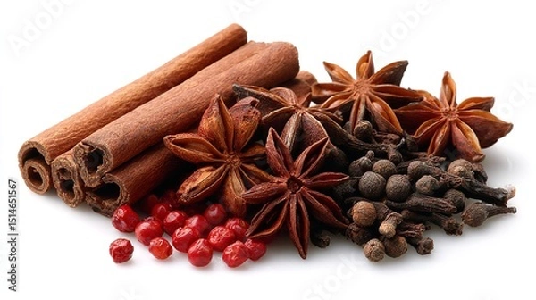 Fototapeta Close up of cinnamon sticks star anise cloves and red peppercorns on a white background surface