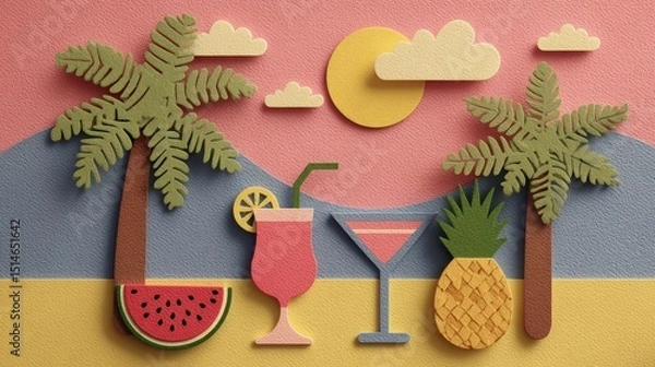 Fototapeta Colorful Tropical Scene with Palm Trees Drinks Pineapple Watermelon and Sun