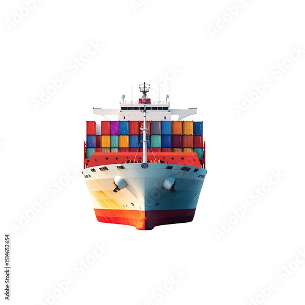 Fototapeta Large cargo ship with colorful containers at sea red on transparent background