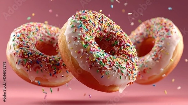 Fototapeta Colorful Sprinkled Donuts Floating on Pink Background with Sprinkles Falling Down