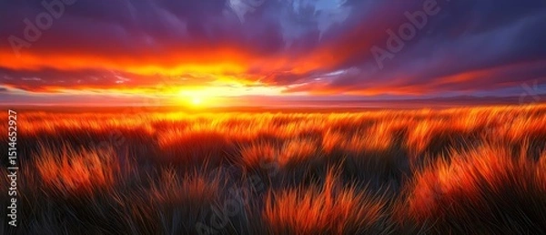Fototapeta A breathtaking sunset casts vibrant orange and purple hues over a field of tall grass, creating a stunning natural landscape rich in color and tranquility.