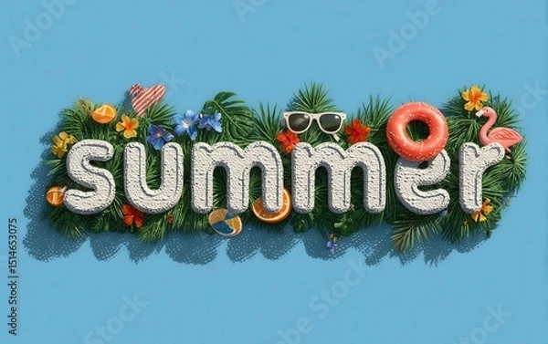 Fototapeta Vibrant Summer Lettering Surrounded by Tropical Elements on a Bright Blue Background