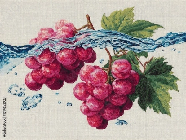 Fototapeta Fresh Grapes with Water Splash on a Light Background in Artistic Style