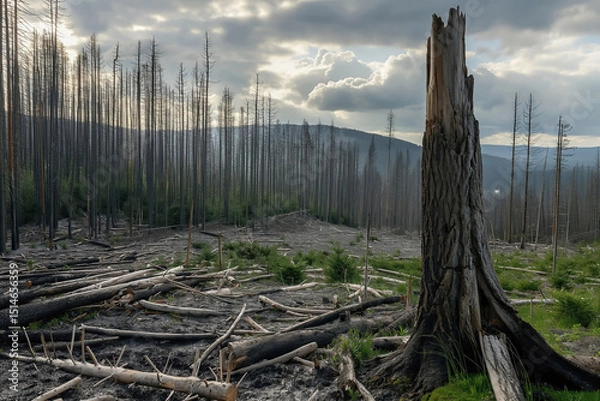 Fototapeta landscape with dead forest, charred trees and fallen trunks in vast forest, forest fire, borkenkäfer, photorealistic, OeBV