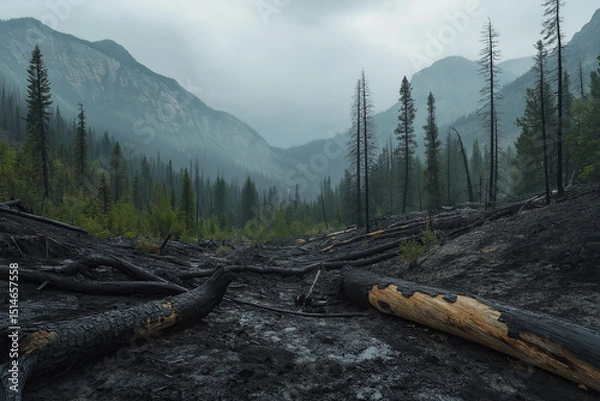 Fototapeta landscape with dead forest, fallen branches, tree trunks, cloudy day, photorealistic