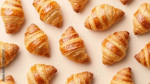 Fototapeta A collection of freshly baked croissants is artistically arranged on a soft, neutral background. Their golden-brown layers and glossy finish showcase their rich texture and flavor
