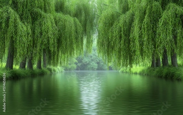 Fototapeta A serene landscape showcasing lush green willows arching over a tranquil river, reflecting the vibrant foliage and creating a peaceful, nature-filled atmosphere.