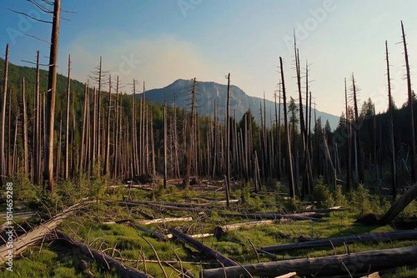 Fototapeta landscape of austria with dead forest, green grass and shrubs, fallen trunks, mountain range in background, borkenkäfer, photorealistic, OeBV