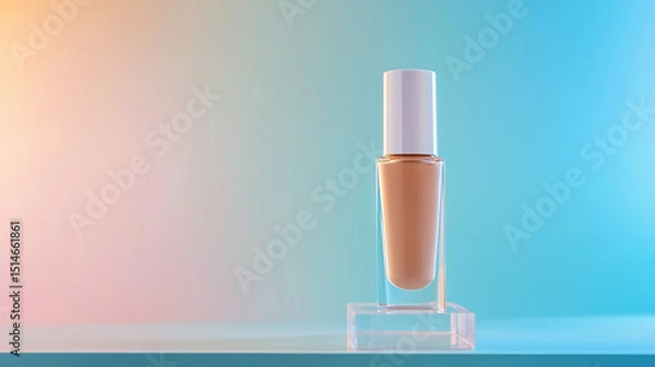 Obraz Photo of a bottle of foundation on a glass stand, with a pastel background and copy space for text.
