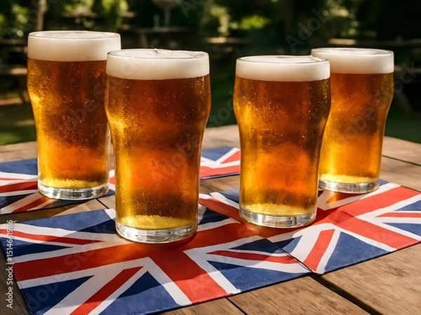 Fototapeta Beer Day Britain – Cold Pints with Union Jack Decor on Pub Table