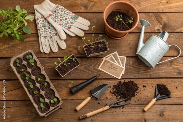 Fototapeta Flatlay of gardening tools, gloves, seed packets, and plant markers on a rustic wooden surface. Small sprouts and soil adding texture.