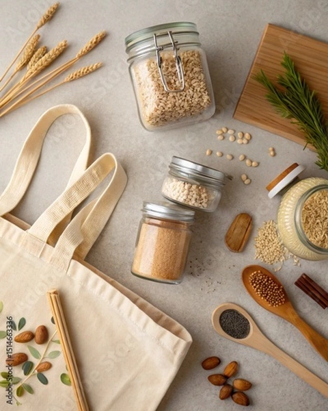 Fototapeta Flatlay of eco-friendly essentials: reusable cotton tote bag, glass jars with grains and nuts, wooden utensils, bamboo toothbrush, and beeswax wraps. Neutral background.