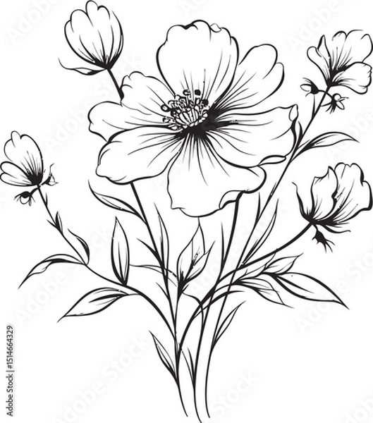 Fototapeta Bold black wildflower tattoo design with clean flowing lines Graceful wildflower tattoo element in simple black vector design
