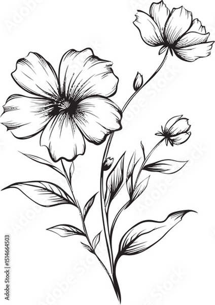 Fototapeta Artistic black wildflower tattoo element with clean line work Stylish wildflower tattoo vector design in simple black lines