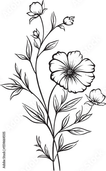Fototapeta Sophisticated wildflower tattoo vector element with elegant curves Stylish black wildflower tattoo vector logo with delicate petal lines