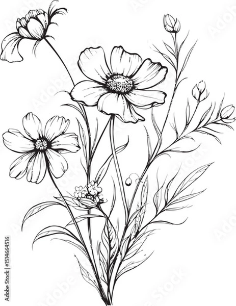 Fototapeta Black wildflower tattoo vector design element with graceful curves Elegant black wildflower tattoo element in delicate line art