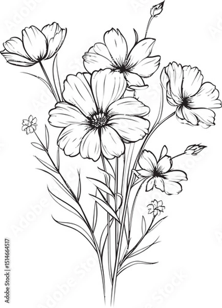 Fototapeta Beautiful line art wildflower tattoo element with refined black lines Black wildflower tattoo vector design element with graceful curves