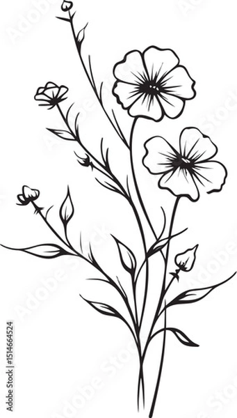 Fototapeta Artistic wildflower tattoo element vector design with graceful black lines Elegant wildflower tattoo vector icon with simple and clean line art