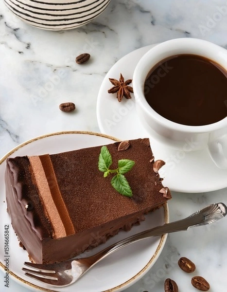 Obraz Delicious chocolate cake with coffee served on marble table in viennese cafe