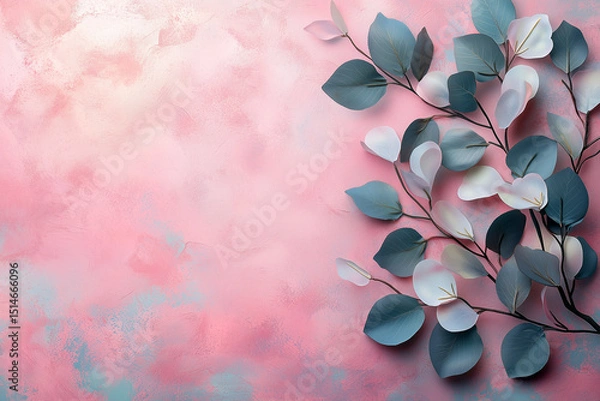Fototapeta Pink and blue background with eucalyptus leaves, flat lay composition, copy space for text