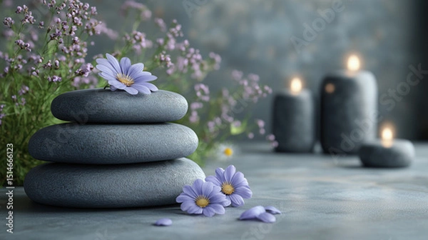 Fototapeta Photograph of gray, balanced stones stacked on each other, with purple flowers and candles in the background, a spa concept