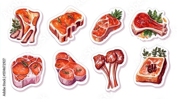 Fototapeta Nine sticker-like images of various cuts of cooked meat, including ribs, steaks, and chops, presented in a 