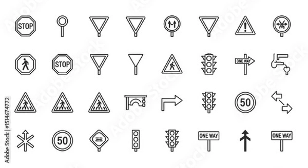 Fototapeta Comprehensive Collection of Road Traffic Signs and Symbols Vector Icons