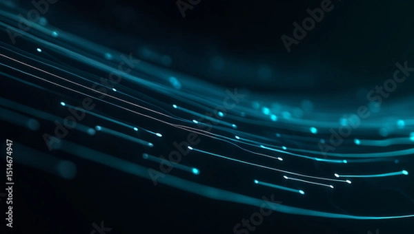 Fototapeta Abstract teal light trails flowing dynamically dark background
