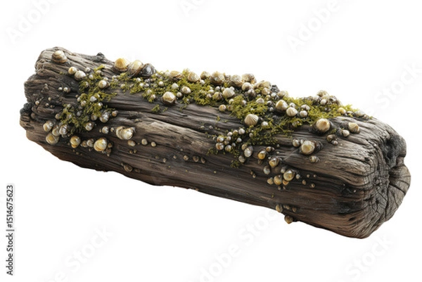 Fototapeta A close-up of a moss-covered log with barnacles, showcasing natural textures and earthy colors Isolated on transparent Background