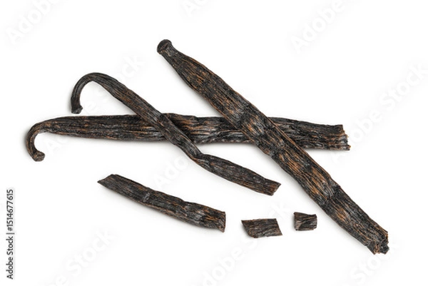 Fototapeta Dried vanilla stick isolated on white background. Top view. Flat lay.