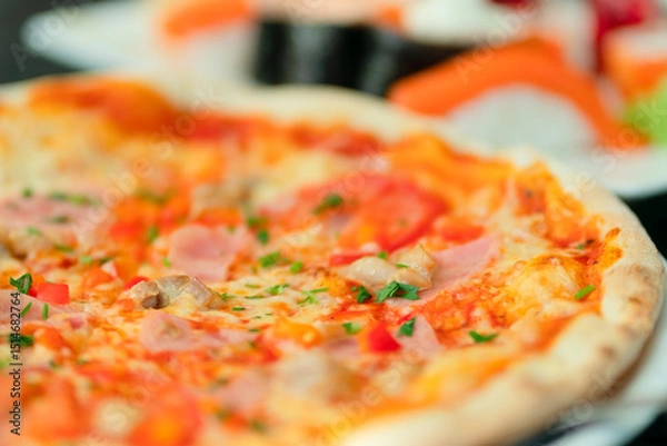 Obraz Classic Margherita pizza with fresh basil and stretchy mozzarella. Food photography highlighting perfect cheese pull and thin crust.