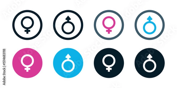 Fototapeta Gender Symbol Icon Set. Male and Female Glyph Variations in Circle Buttons, Outline and Solid Styles for UI, Profile Avatars and Demographic Graphics