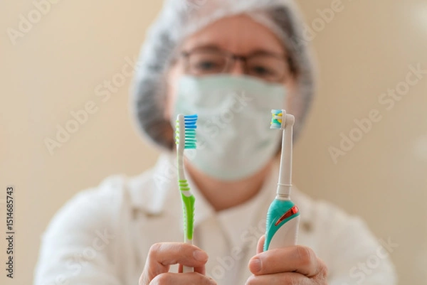 Obraz Close-up of a female dentist holding a manual toothbrush in one hand and an electric one in the other. A visual guide on oral hygiene, dental tools, and maintaining healthy teeth.