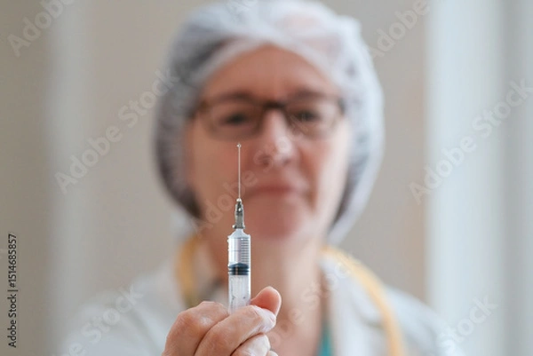 Obraz Close-up view of a medical professional in a white uniform holding a syringe. Focus is on the syringe filled with medication. Symbol of healthcare, prevention, and medical responsibility.