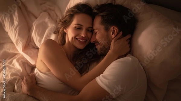 Obraz A loving couple cuddles and smiles together in bed, sharing an intimate and joyful moment under soft, warm lighting.