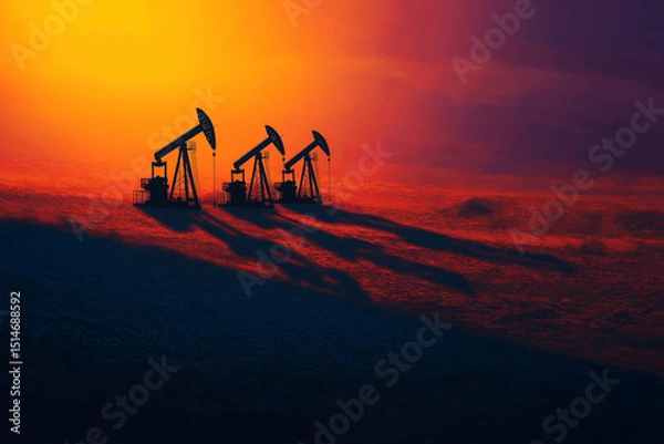 Fototapeta "Desert Pulse" - Aerial view shows synchronized pumpjacks dancing across golden sands, their long morning shadows painting geometric patterns in this minimalist, high-contrast desert landscape.

