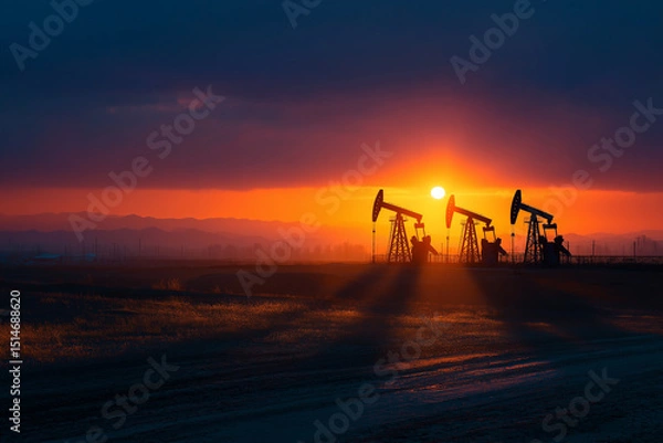 Fototapeta "Desert Pulse" - Aerial view shows synchronized pumpjacks dancing across golden sands, their long morning shadows painting geometric patterns in this minimalist, high-contrast desert landscape.


