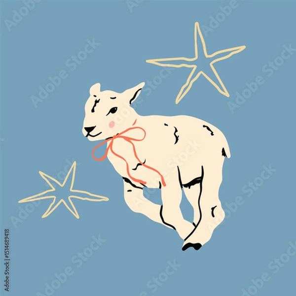 Fototapeta Cute little lamb. Sheep in jumping, running movement. Hand drawn Vector illustration. Count sheep, farm concept. Print, postcard, invitation design template. Isolated element