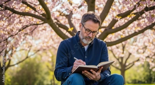 Fototapeta Man with beard writing in a notebook near a tree. Male journaling outside for creative writing. Spring or summer park scene.